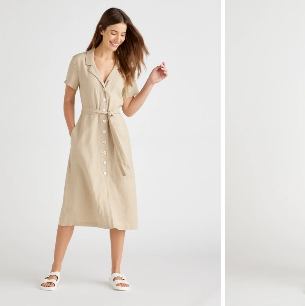 Quince Linen Dress Women's Size XL Extra Large Button Front Tan